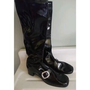 Vtg Sz 7.5 60s Go Go Calf High Boots MOD Preppy Academia Black Patent Leather